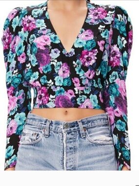 AFRM Black Floral Cropped V-Neck Top with Pink & Teal Blooms